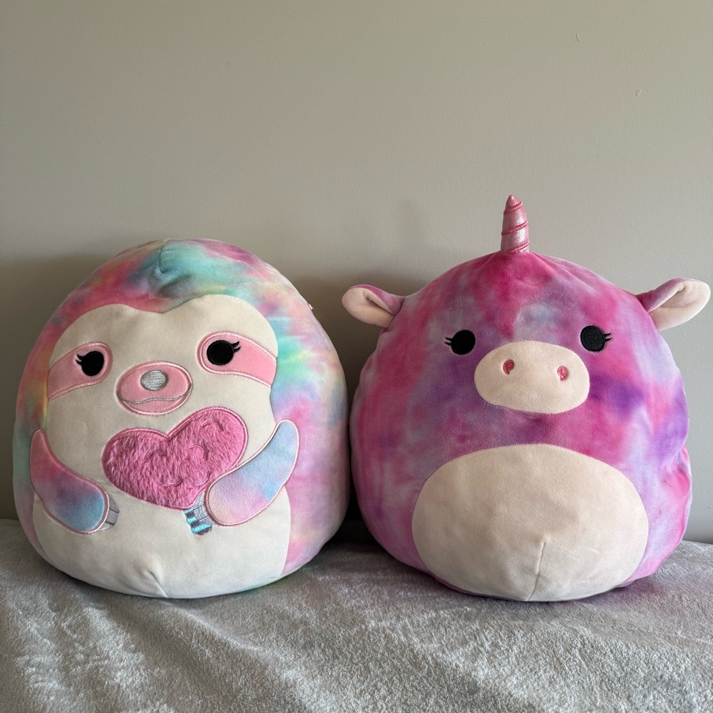 Squishmallows Pink/Blue Tie-Dye Plush Pillows, Lot Of 2. Used. Platypus Unicorn
